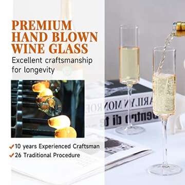 RorAem Square Champagne Glasses Set of 4 Modern Hand Blown Crystal Champagne Flute Glass Gifts for Wedding Birthday Party 6oz