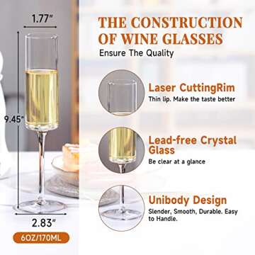 RorAem Square Champagne Glasses Set of 4 Modern Hand Blown Crystal Champagne Flute Glass Gifts for Wedding Birthday Party 6oz
