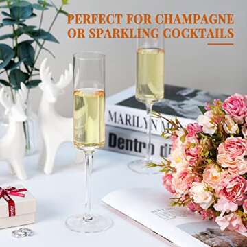 RorAem Square Champagne Glasses Set of 4 Modern Hand Blown Crystal Champagne Flute Glass Gifts for Wedding Birthday Party 6oz