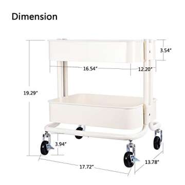 Melody House 2-Tier Metal Utility Rolling Cart Storage Side End Table with Cover Board for Office Home Kitchen Organization, Cream White