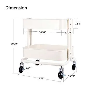 Melody House 2-Tier Metal Utility Rolling Cart Storage Side End Table with Cover Board for Office Home Kitchen Organization, Cream White