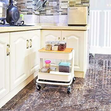 Melody House 2-Tier Metal Utility Rolling Cart Storage Side End Table with Cover Board for Office Home Kitchen Organization, Cream White