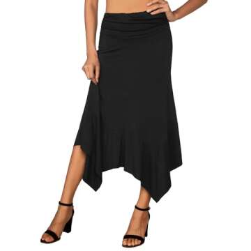 DJT Women's Flowy Handkerchief Hemline Midi Skirt - Black, Chic & Comfortable