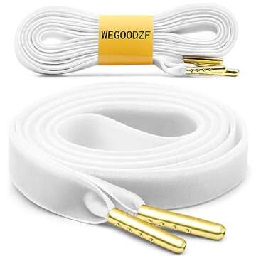 WEGOODZF Flat Velvet Sneakers Shoelaces: Wide White 47.2 inch Shoe Laces with Gold Tips - 2 Pair
