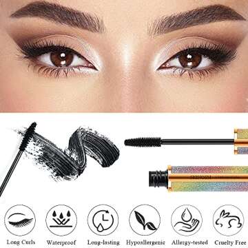 2 Pack Mascara Black Volume and Length Lasting All Day, 4D Silk Fiber Lash Mascara, Waterproof Mascara Lengthening No Clumping, No Smudging & Easy to Remove