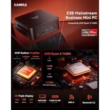 KAMRUI Mini PC, E3B 32GB RAM 512GB SSD Mini Gaming Computers AMD Ryzen 5 7430U Micro Desktop Compute...