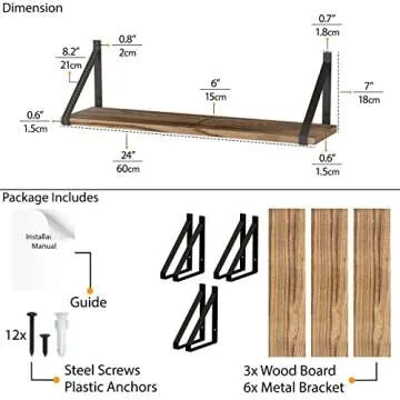 Wallniture Bora Floating Shelves for Wall, 24"x6" Bathroom Storage Shelves, Rustic Wood Shelf Set of 3, Burned Finish
