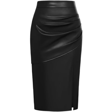 Kate Kasin 2024 Women's Faux Leather Skirts Front Slit Ruched Tummy Control High Waist Bodycon Midi ...