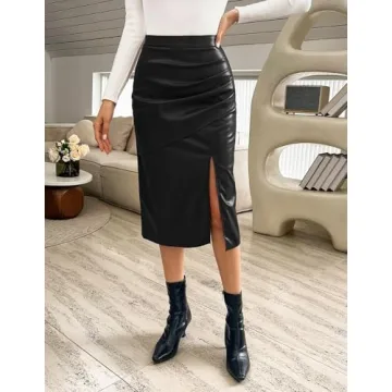 Stylish Kate Kasin Faux Leather Midi Skirt for Modern Women