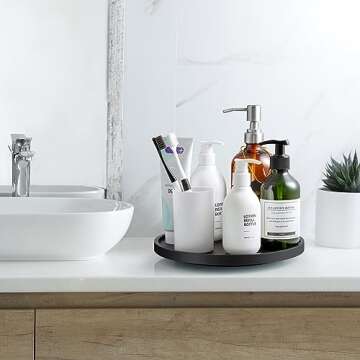 9" Lazy Susan Turntable Organizer for Cabinet, Wooden Lazy Susan for Table Top Dining Pantry Countertop Cupboard Organization, Decorative Tray for Kitchen Bathroom Decor Coffee Bar Accessories, Black