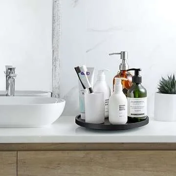 9" Lazy Susan Turntable Organizer for Cabinet, Wooden Lazy Susan for Table Top Dining Pantry Countertop Cupboard Organization, Decorative Tray for Kitchen Bathroom Decor Coffee Bar Accessories, Black