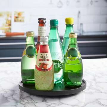 9" Lazy Susan Turntable Organizer for Cabinet, Wooden Lazy Susan for Table Top Dining Pantry Countertop Cupboard Organization, Decorative Tray for Kitchen Bathroom Decor Coffee Bar Accessories, Black