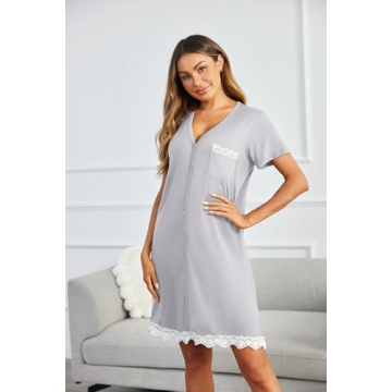 Ekouaer Women's V Neck Button Down Nightgown Cozy Sleep Dress