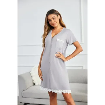 Ekouaer Women's V Neck Button Down Nightgown Cozy Sleep Dress
