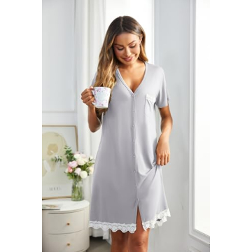 Ekouaer Women's V Neck Button Down Nightgown Cozy Sleep Dress