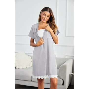 Ekouaer Women's V Neck Button Down Nightgown Cozy Sleep Dress