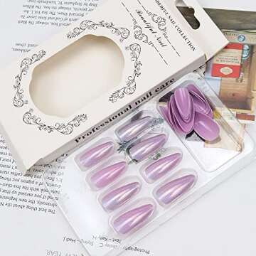 Purple Press on Nails Almond Medium Glitter Fake Nails Acrylic Rainbow Nail Design French Nail Tip False Nails Full Cover Coffin Stick on Nails Decorations for Women Nail Decorations Supplies 24Pcs