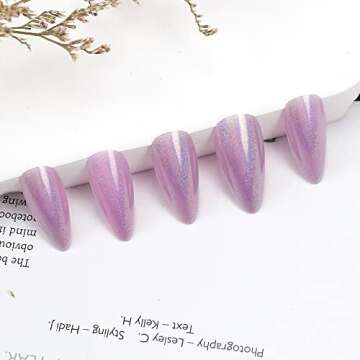 Purple Press on Nails Almond Medium Glitter Fake Nails Acrylic Rainbow Nail Design French Nail Tip False Nails Full Cover Coffin Stick on Nails Decorations for Women Nail Decorations Supplies 24Pcs