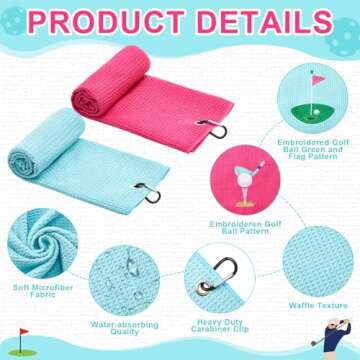 Mindsoft 2 Pieces Funny Golf Towel Microfiber Embroidered Towels for Women Ball Bags with Clips Accessories Waffle Pattern for Mother Golf Fan Birthday Gifts (Hot Pink Blue,Elegant Style)