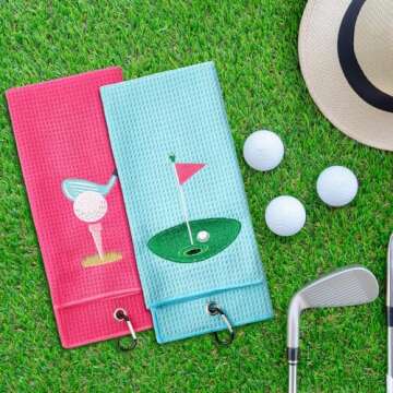 Mindsoft 2 Pieces Funny Golf Towel Microfiber Embroidered Towels for Women Ball Bags with Clips Accessories Waffle Pattern for Mother Golf Fan Birthday Gifts (Hot Pink Blue,Elegant Style)