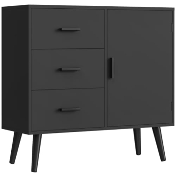 Iwell Black Cabinet: Versatile Storage with 3 Drawers & Adjustable Shelf