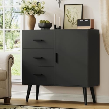 Iwell Black Cabinet 3 Drawers Adjustable Shelf Storage