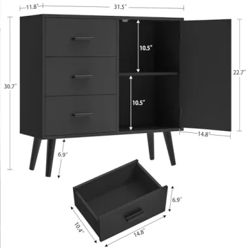 Iwell Black Cabinet 3 Drawers Adjustable Shelf Storage