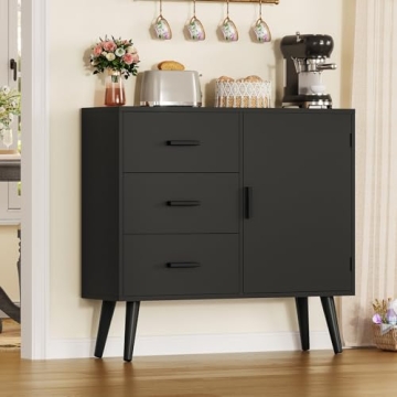 Iwell Black Cabinet 3 Drawers Adjustable Shelf Storage