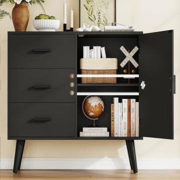Iwell Black Cabinet 3 Drawers Adjustable Shelf Storage