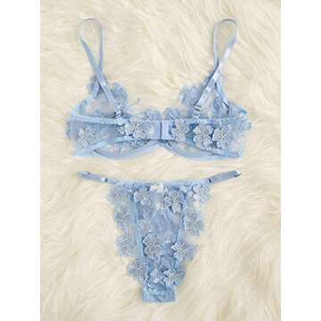 Floerns Women's Sexy Applique Lace Underwire Bra Top and Thong Lingerie Set Blue S