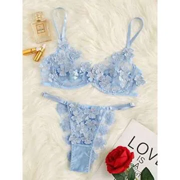 Floerns Sexy Applique Lace Bra Top and Thong Set
