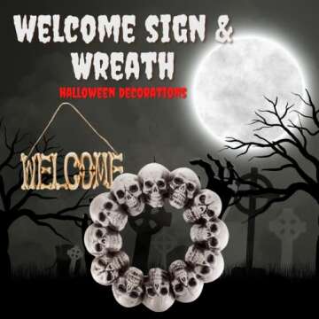 Halloween Welcome Sign and Skull Wreath 2 Pack- Decorate Your Home or Office Door, Haunted House, or Party w Fall Wall Hanging Skeleton Bone Decorations! Weatherproof Decor for Indoor or Outdoor Use