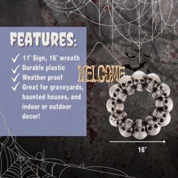 Halloween Welcome Sign and Skull Wreath 2 Pack- Decorate Your Home or Office Door, Haunted House, or Party w Fall Wall Hanging Skeleton Bone Decorations! Weatherproof Decor for Indoor or Outdoor Use