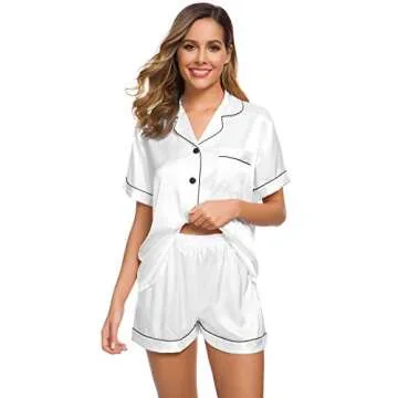 SWOMOG Pajamas Set Short Sleeve Sleepwear Womens Button Down Nightwear Soft Pj Lounge White