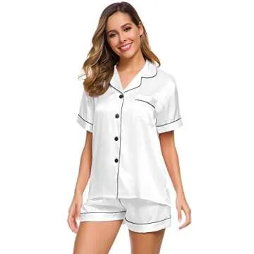 SWOMOG Pajamas Set Short Sleeve Sleepwear Womens Button Down Nightwear Soft Pj Lounge White