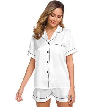 SWOMOG Pajamas Set Short Sleeve Sleepwear Womens Button Down Nightwear Soft Pj Lounge White