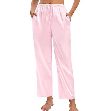 SWOMOG Women's Silk Satin Pajama Pants Soft Long Lounge Pant Drawstring Trousers Casual Sleepwear Pj...