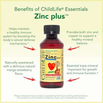 CHILDLIFE ESSENTIALS Liquid Zinc Plus - Zinc for Kids, Zinc Supplements, Zinc Drops, Pure Zinc Liquid, Toddler Zinc, Zinc Gluconate & Copper, Immune Support - Mango Strawberry, 4 Fl Oz (Pack of 1)