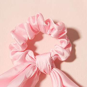 Pack of 2 Knotted Bow Hair Scrunchies Elastic Hair Scarf Black Hair Ties Bands Satin Hair Ribbon Scrunchy Red Ponytail Holder for Women and Girls (Light pink)