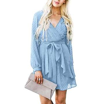 AOOKSMERY Women Cute V Neck Long Sleeve Mini Dresses Solid Polka Dot Swing Dress with Belt Side Zipper Sky Blue