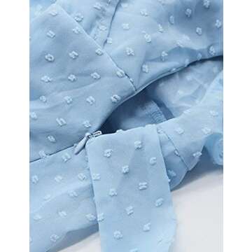 AOOKSMERY Women Cute V Neck Long Sleeve Mini Dresses Solid Polka Dot Swing Dress with Belt Side Zipper Sky Blue