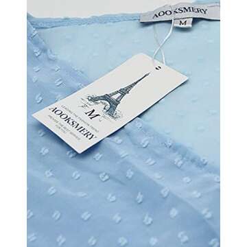 AOOKSMERY Women Cute V Neck Long Sleeve Mini Dresses Solid Polka Dot Swing Dress with Belt Side Zipper Sky Blue