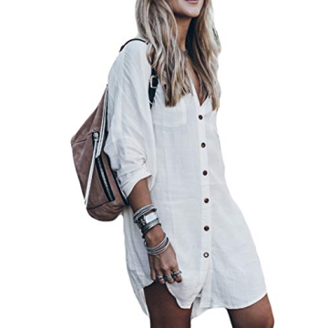 Bsubseach Womens Long Sleeve Linen Swimsuit Cover Up Button Down Beach Cover Ups Summer Swim Shirt Dresses White