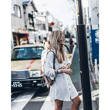 Bsubseach Womens Long Sleeve Linen Swimsuit Cover Up Button Down Beach Cover Ups Summer Swim Shirt Dresses White