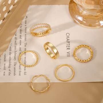 OPFIV 6Pcs 14K Gold Plated Stacking Rings for Women Cubic Zirconia Wave Stackable Thin Gold Ring Plain Statement Band Promise Eternity Bands Ring Comfort Fit Size 6-9 (Gold, 7)
