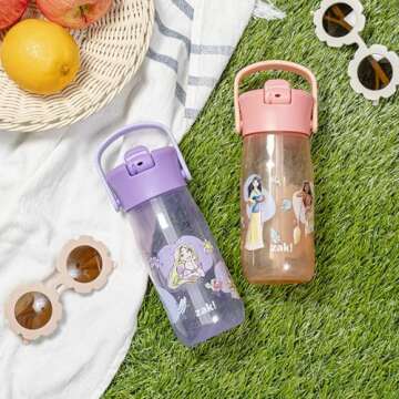 Zak Designs Harmony Disney Princess Water Bottle 2-Pack – 18oz Recycled Plastic with Leak-Proof St...