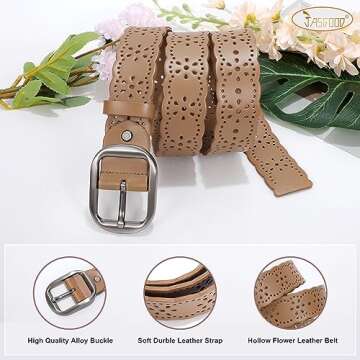 JASGOOD Women's Hollow Flower Genuine Leather Belt for Jeans Pants Wide Belt for Ladies