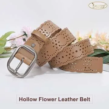 JASGOOD Women's Hollow Flower Genuine Leather Belt for Jeans Pants Wide Belt for Ladies