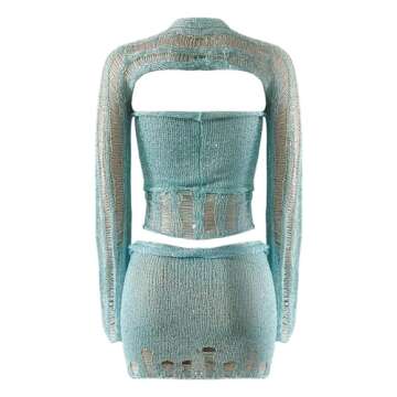 Generic Summer Outfits for Women 2 Piece Crochet Skirt Sets Strappy Long Sleeve Cover Up Sequins Crop Top Y2K Mini Skirt Set, Small, Sky Blue