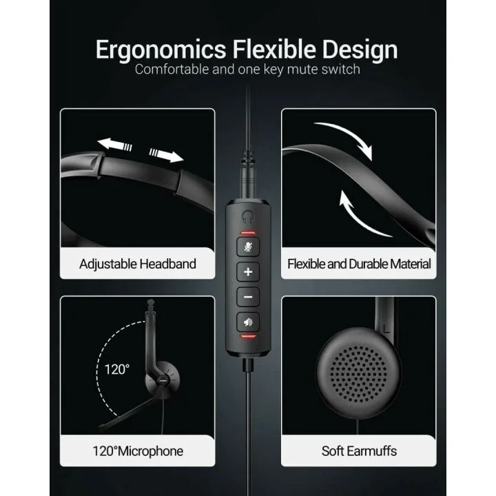 USB Headset with Microphone for Online Meetings